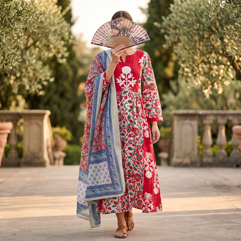 XS-S Heba Printed Cotton Dress 54" Long Jalabiya With Sheila TN 339