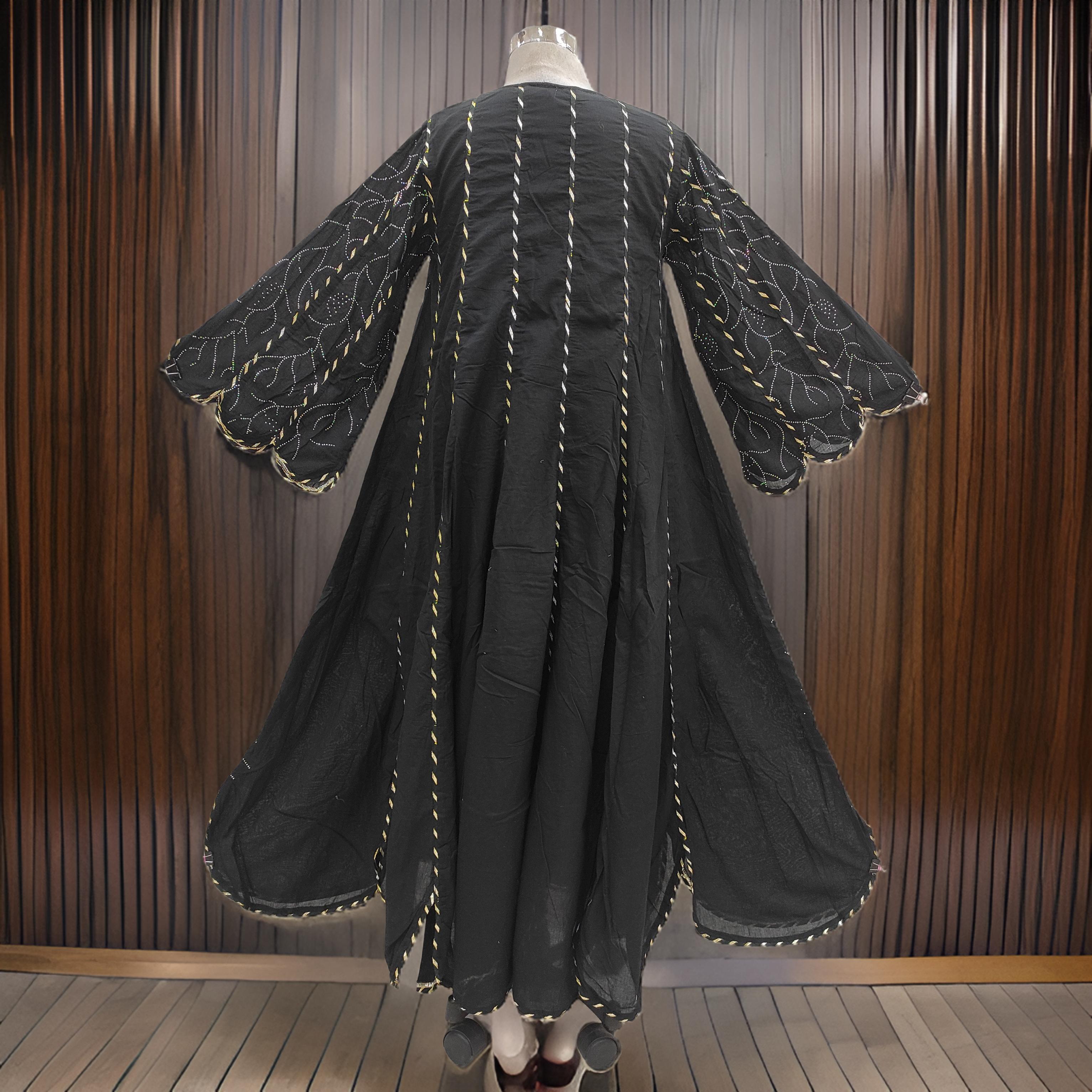 2XL/3XL Meher Crystal Black Cotton Dress 57" Long Jalabiya