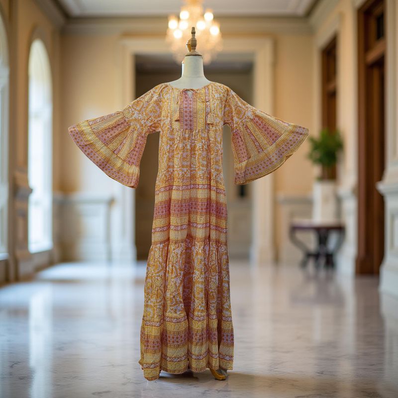 L/XL Yellow Gaby With Sheila Printed Cotton Dress 57" Long Jalabiya