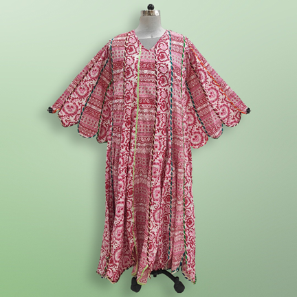 S/M Meher Red Printed Cotton Dress 57" Long Jalabiya