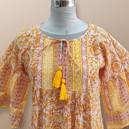 L/XL Gaby Crystal Yellow Printed Cotton Dress 58" Long Jalabiya
