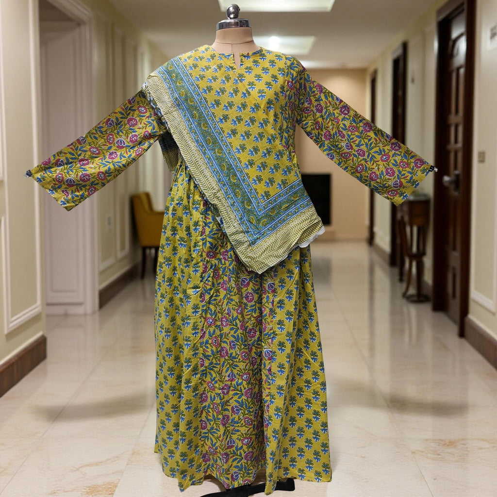 L-XL Heba Cotton Printed Dress 57" Long Jalabiya With Sheila