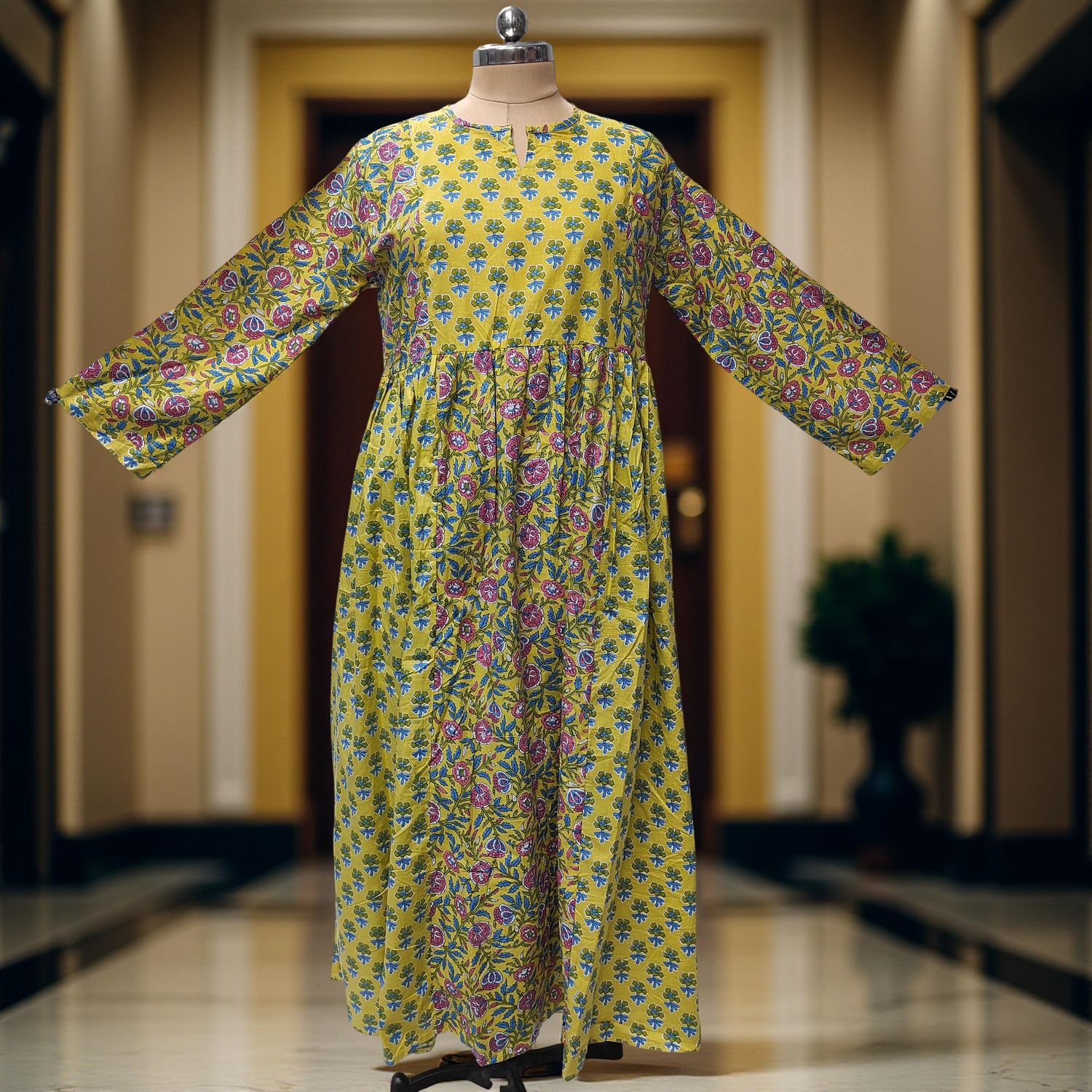 L-XL Heba Cotton Printed Dress 57" Long Jalabiya With Sheila