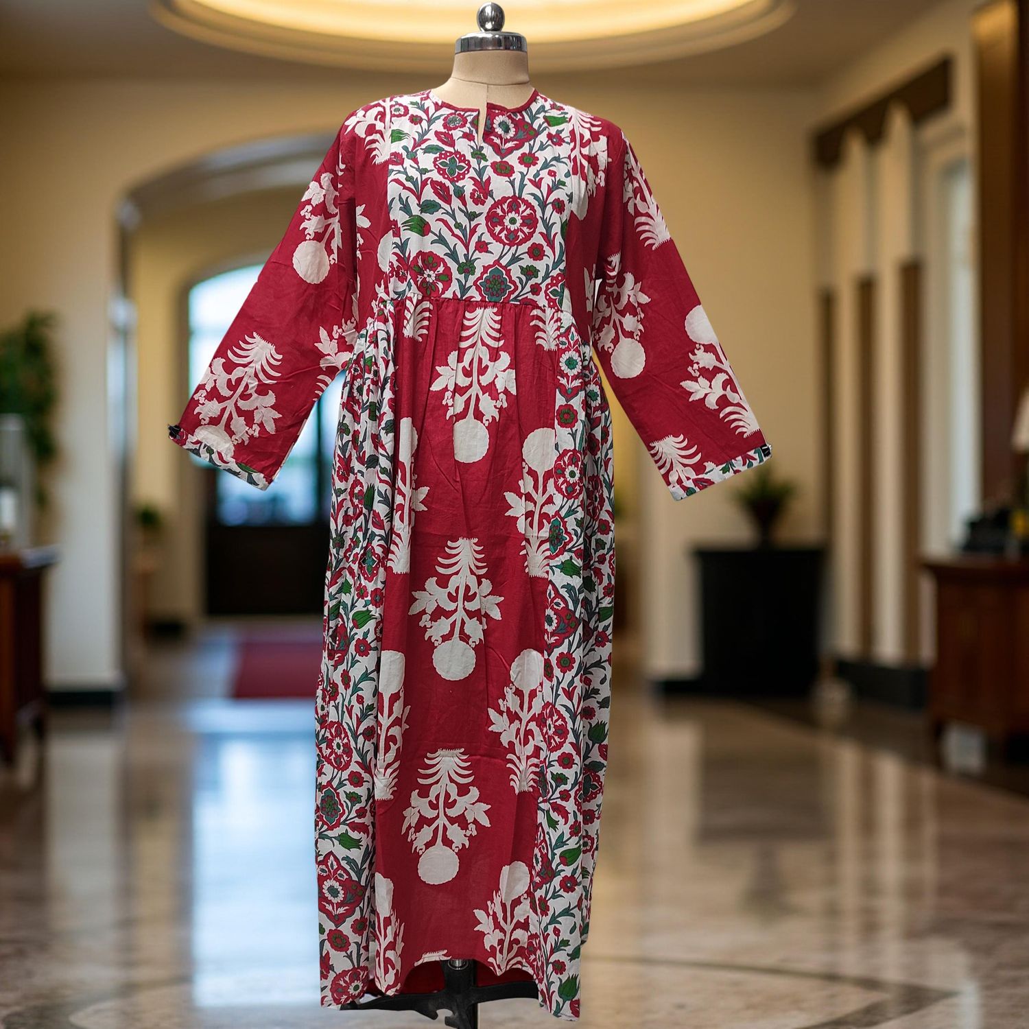 2XL-3XL Heba Printed Cotton Dress 57" Long Jalabiya With Sheila