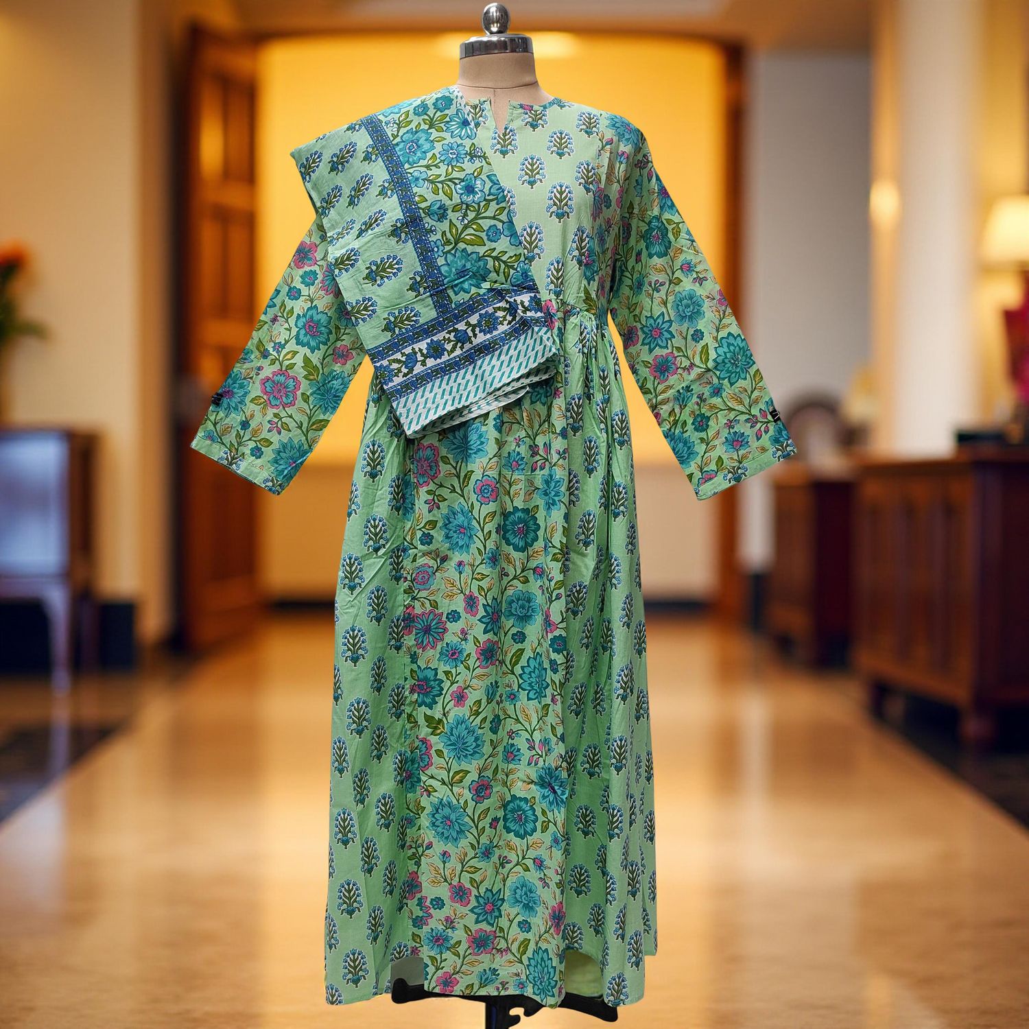 S-M Heba Cotton Printed Dress 57" Long Jalabiya With Sheila
