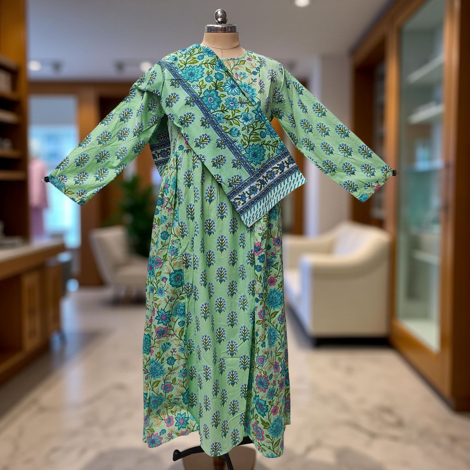 2XL-3XL Heba Printed Cotton Dress 57" Long Jalabiya With Sheila