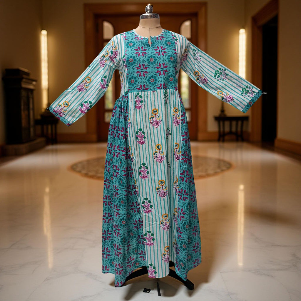 S-M Heba Printed Cotton Dress 57" Long Jalabiya With Sheila