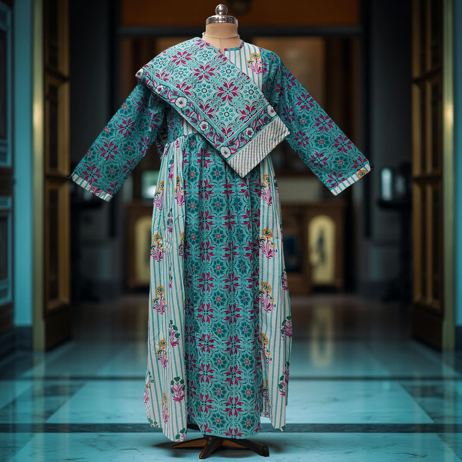 S-M Heba Cotton Printed Dress 57" Long Jalabiya With Sheila