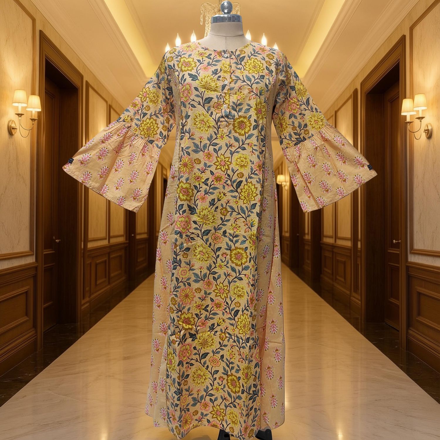 S-M Heba Cotton Printed Dress 57" Long Jalabiya With Sheila