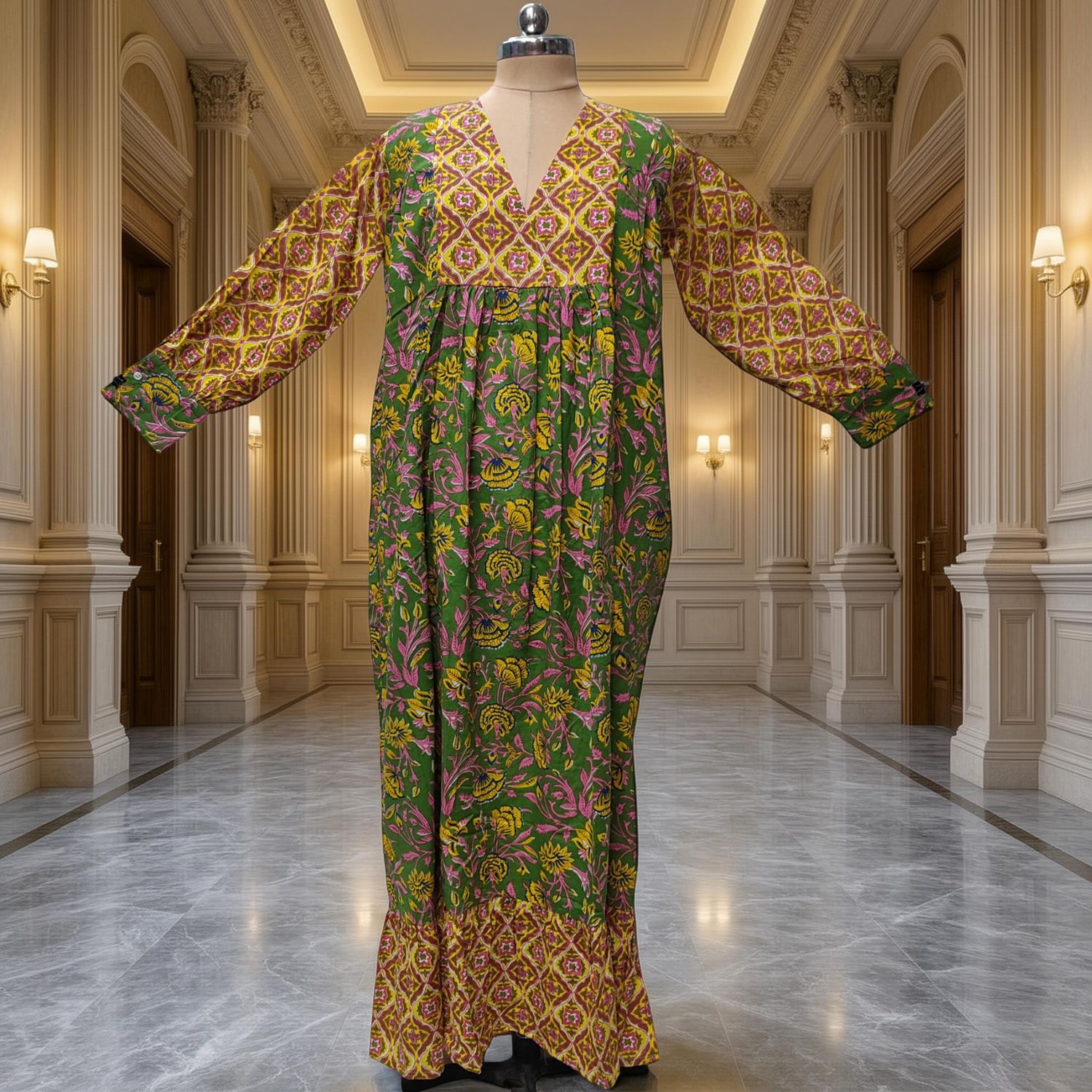 S-M Yamana Printed Cotton Dress 57" Long Jalabiya