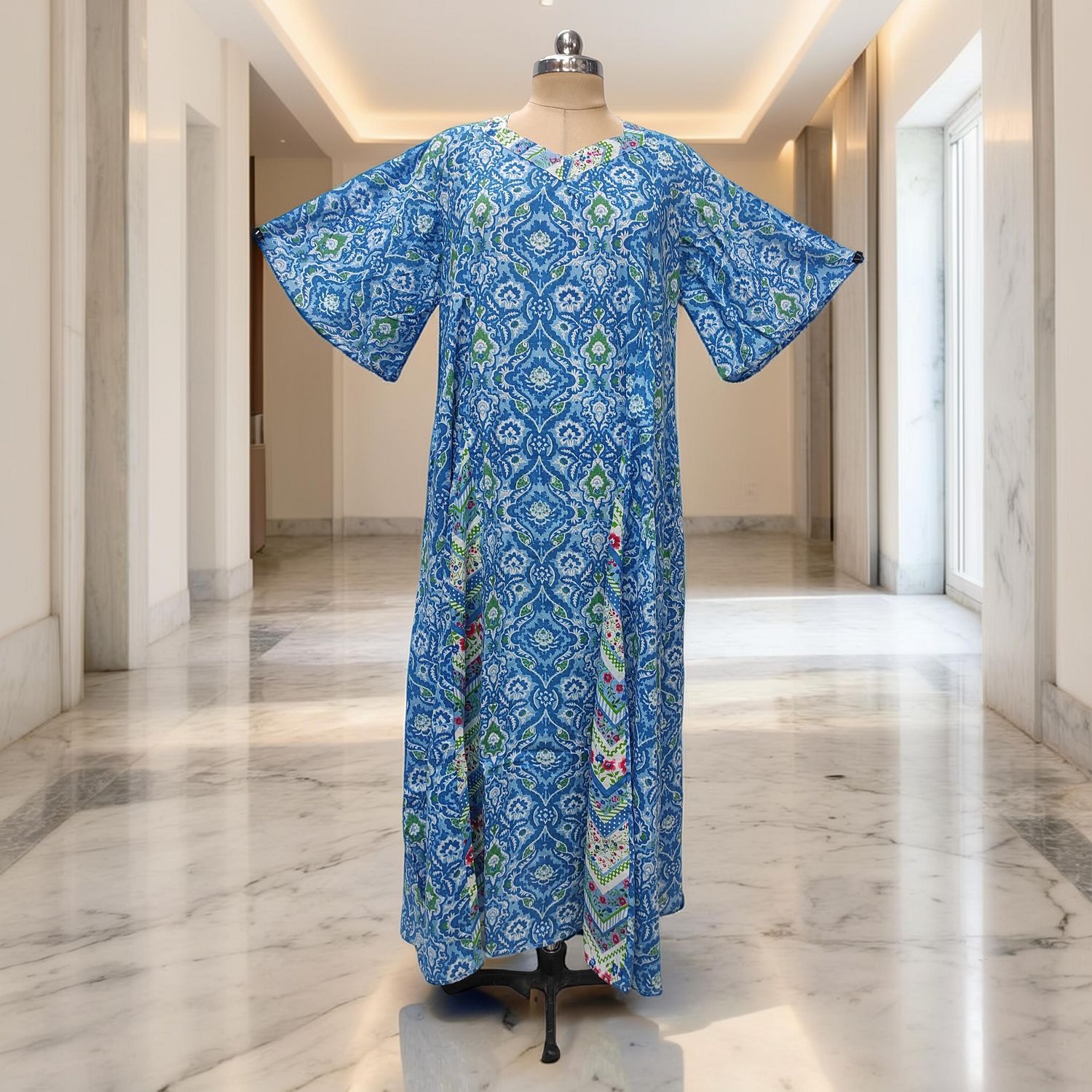 2XL-3XL Ariya Printed Cotton Dress 57" Short Sleeves Jalabiya