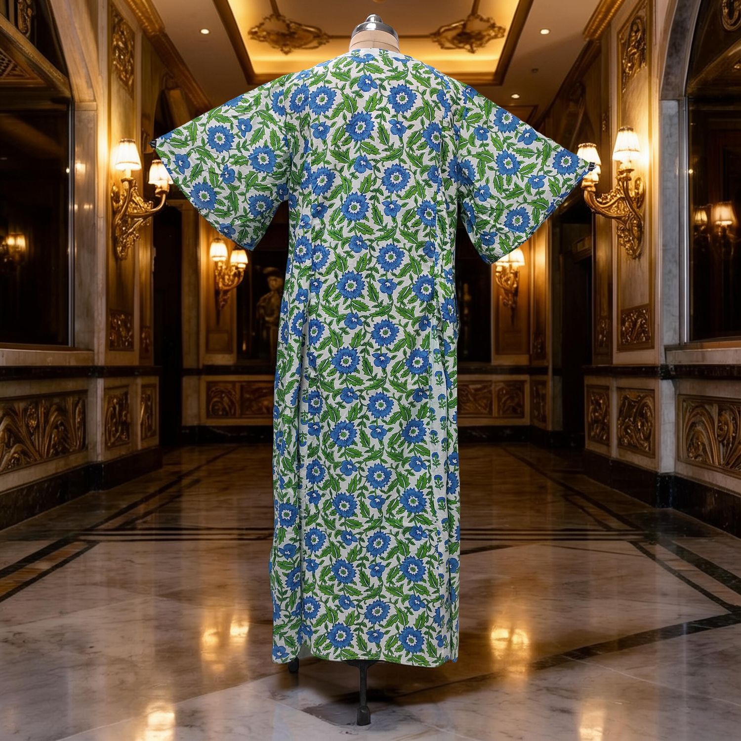 XS-S Ariya Printed Cotton Dress 54" Short Sleeves Jalabiya