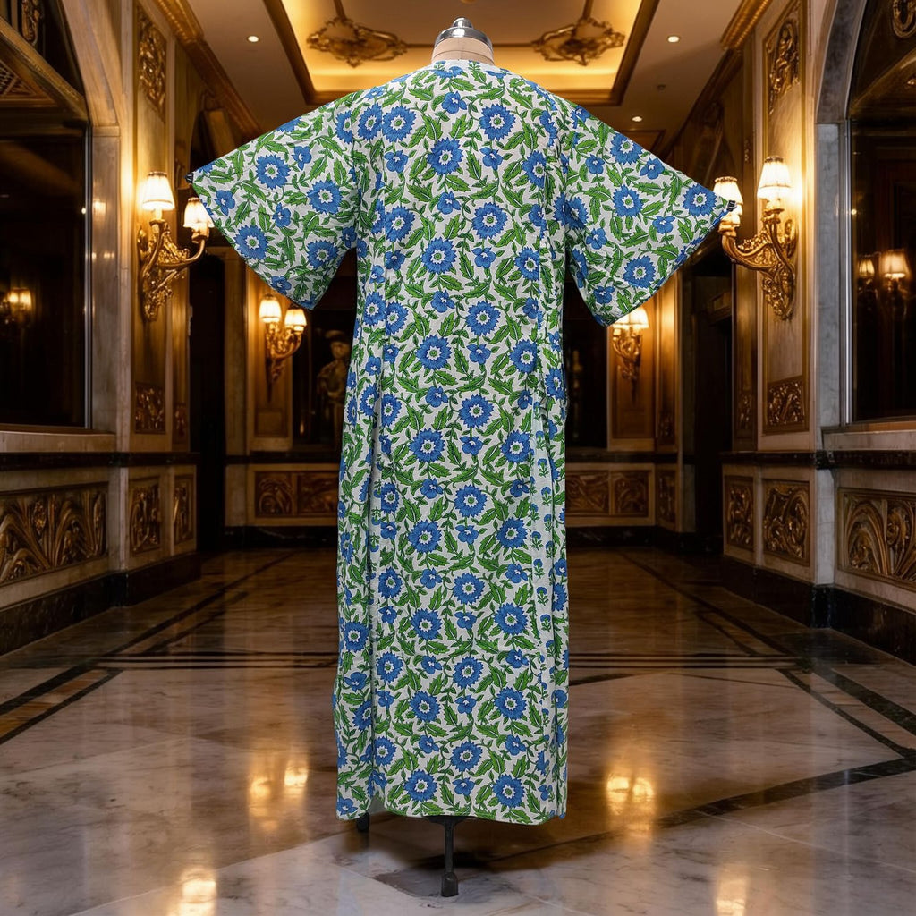 L-XL Ariya Printed Cotton Dress 57" Short Sleeves Jalabiya