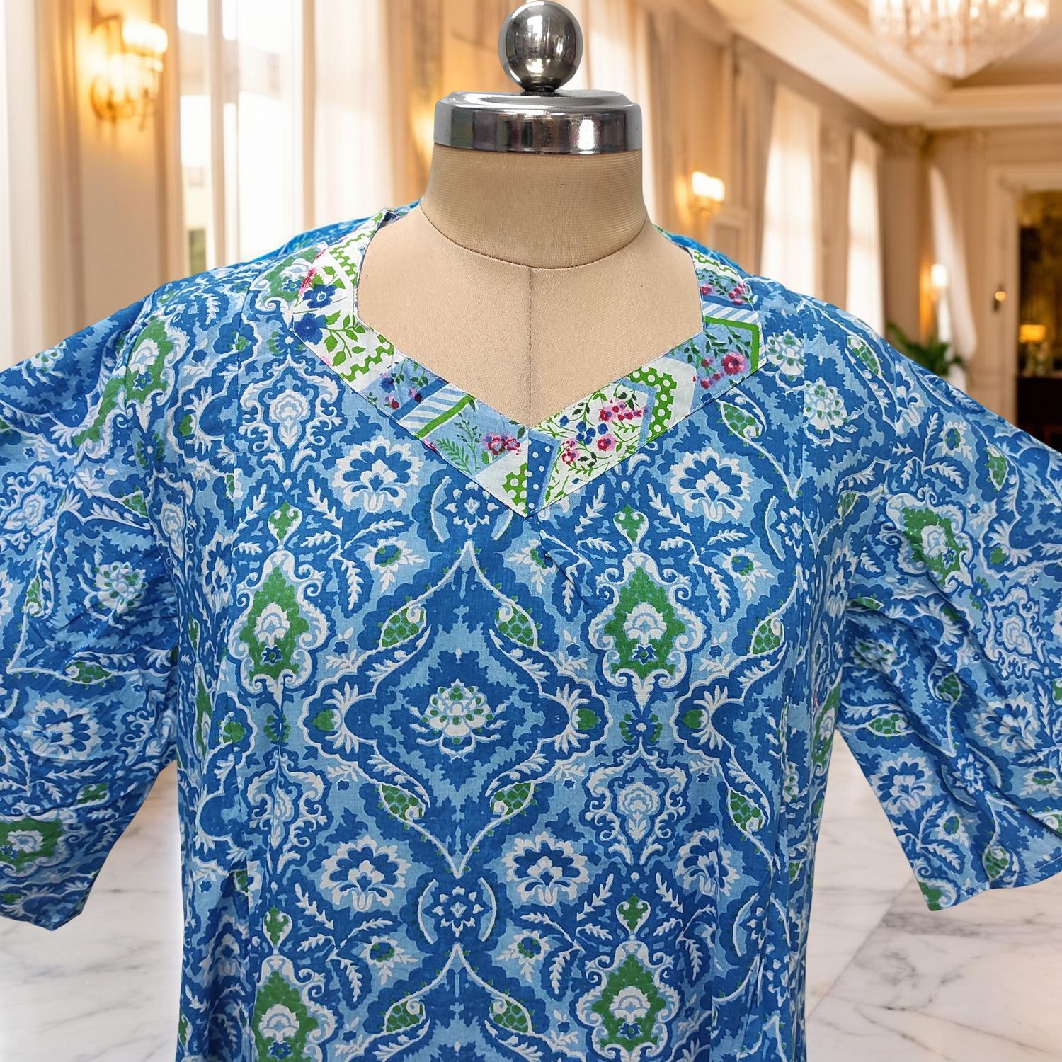 XS-S Ariya Printed Cotton Dress 54" Short Sleeves Jalabiya