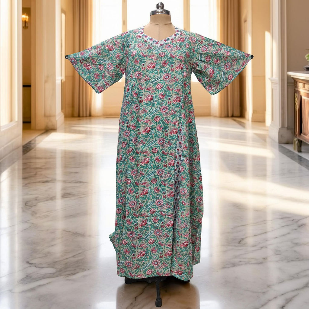 L-XL Ariya Printed Cotton Dress 57" Short Sleeves Jalabiya