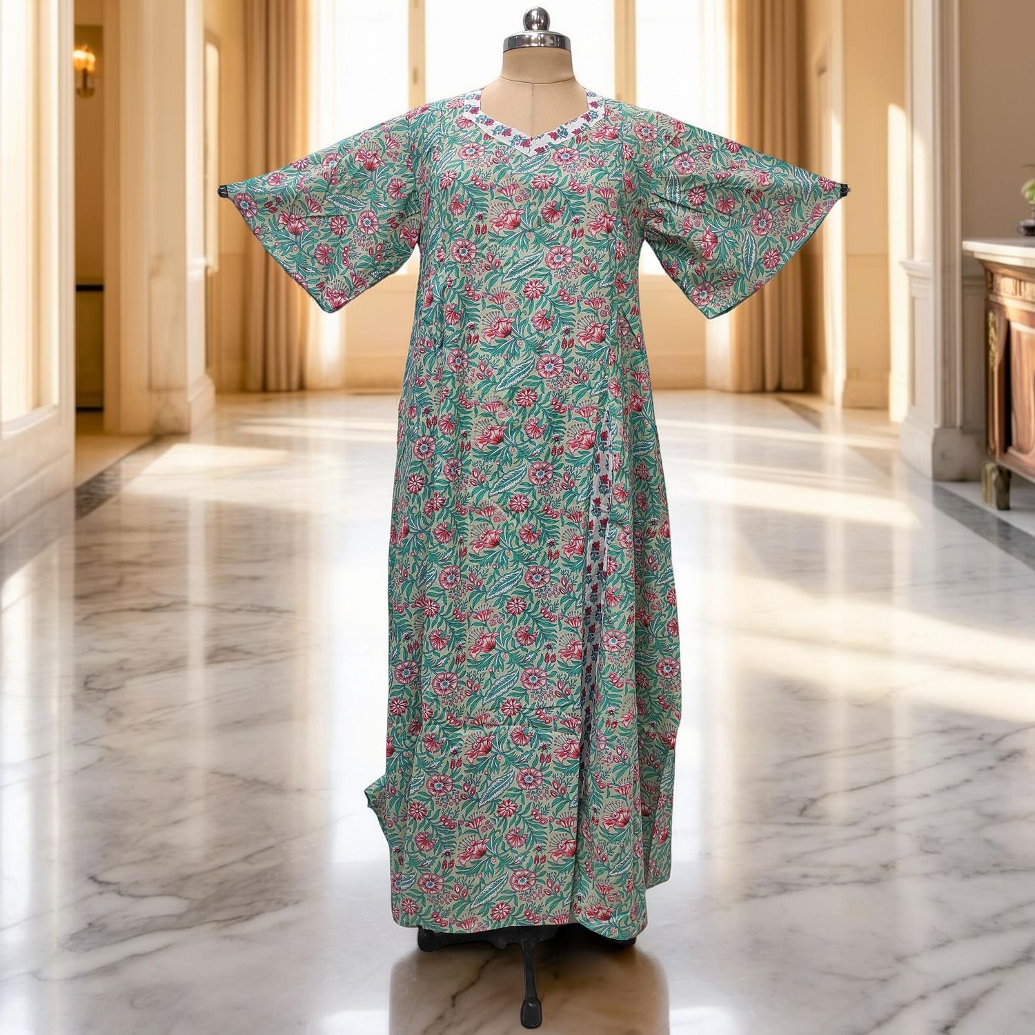 L-XL Ariya Printed Cotton Dress 57" Short Sleeves Jalabiya