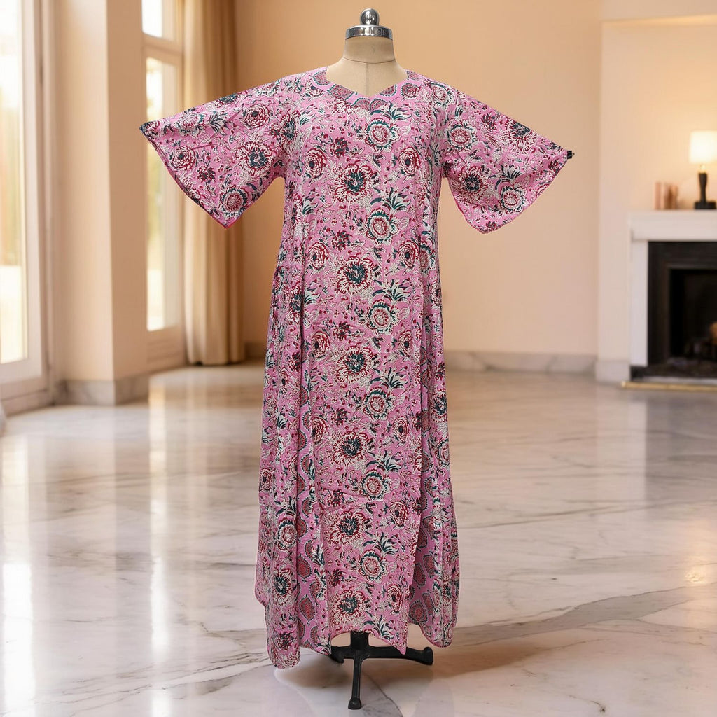 XS-S Ariya Printed Cotton Dress 54" Short Sleeves Jalabiya