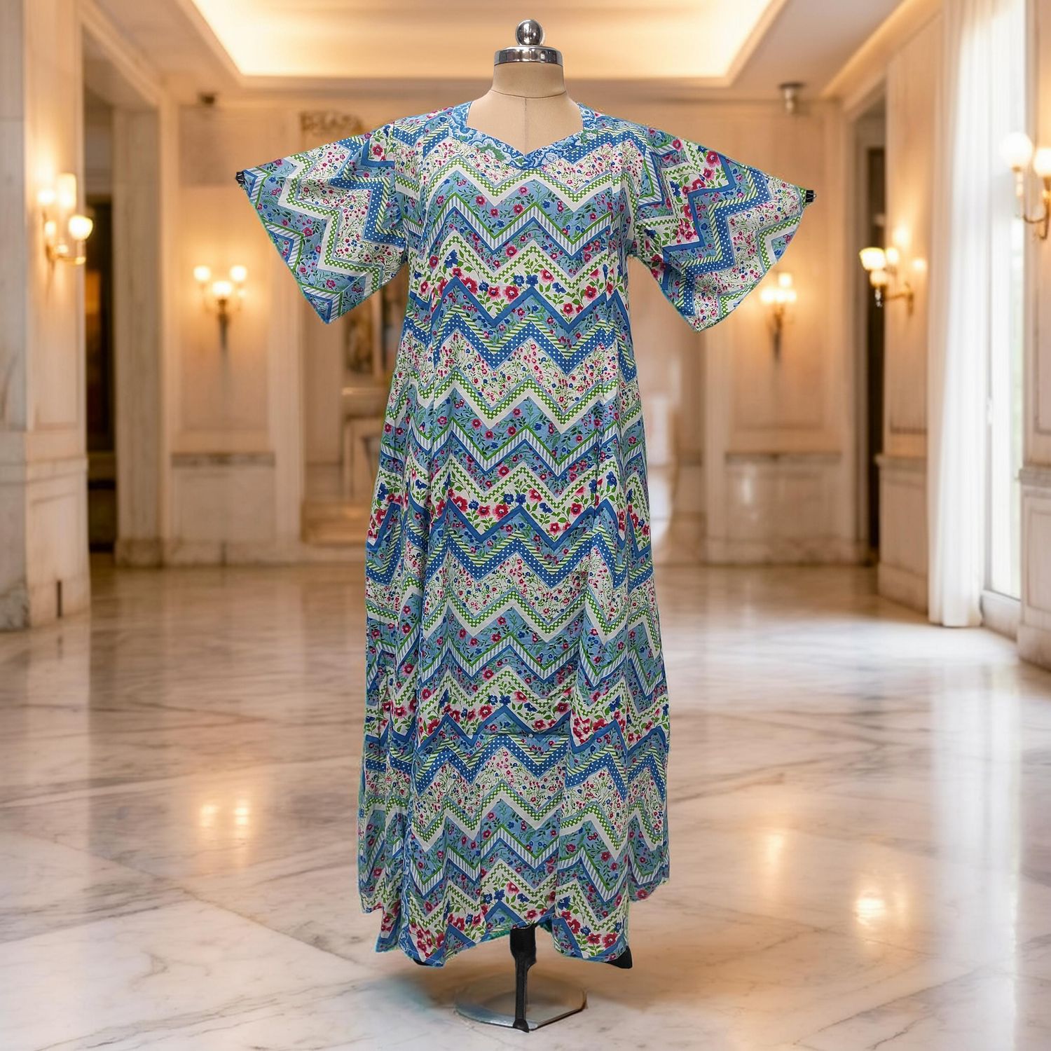 L-XL Ariya Printed Cotton Dress 57" Short Sleeves Jalabiya