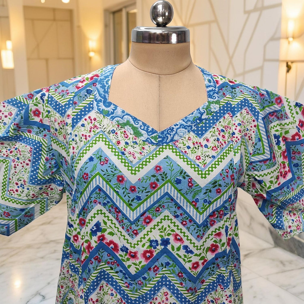 L-XL Ariya Printed Cotton Dress 57" Short Sleeves Jalabiya