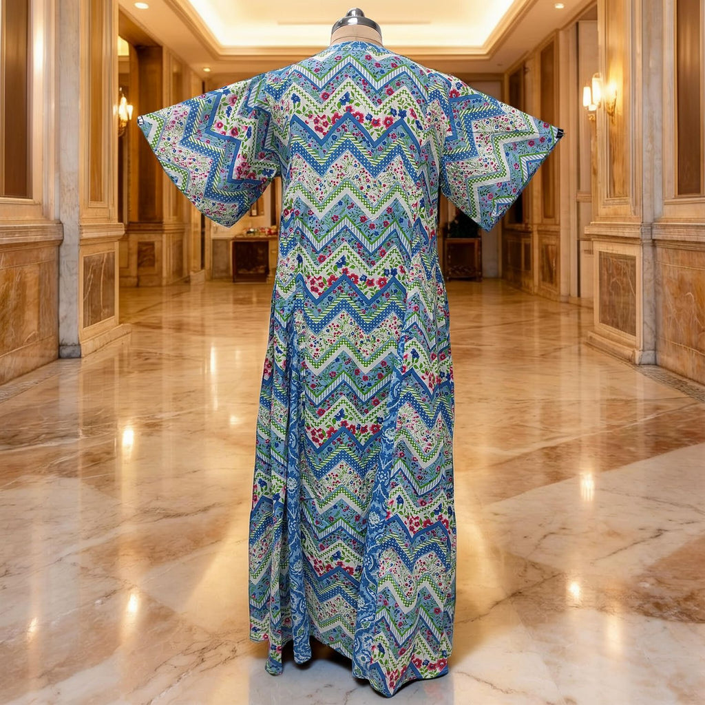 L-XL Ariya Printed Cotton Dress 57" Short Sleeves Jalabiya