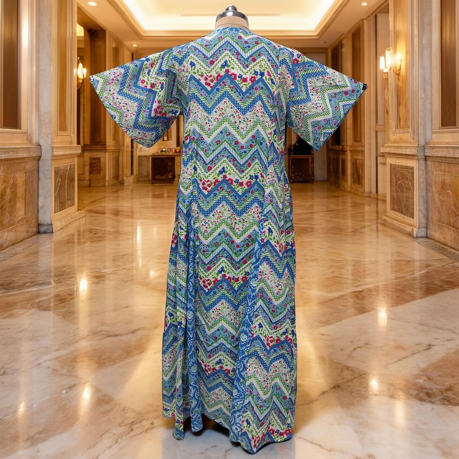 L-XL Ariya Printed Cotton Dress 57" Short Sleeves Jalabiya