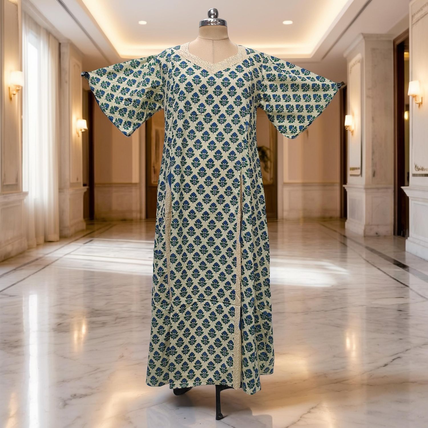 XS-S Ariya Printed Cotton Dress 54" Short Sleeves Jalabiya