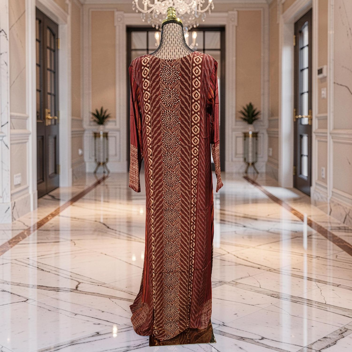 S-M Digital Dress Kaftan Printed Silky Hand Crystal 57" Long Jalabiya