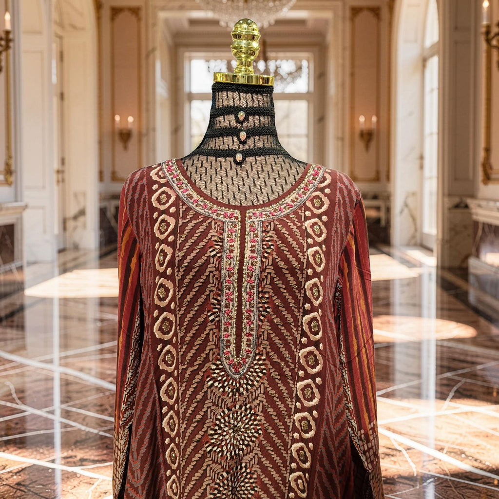 S-M Digital Dress Kaftan Printed Silky Hand Crystal 57" Long Jalabiya