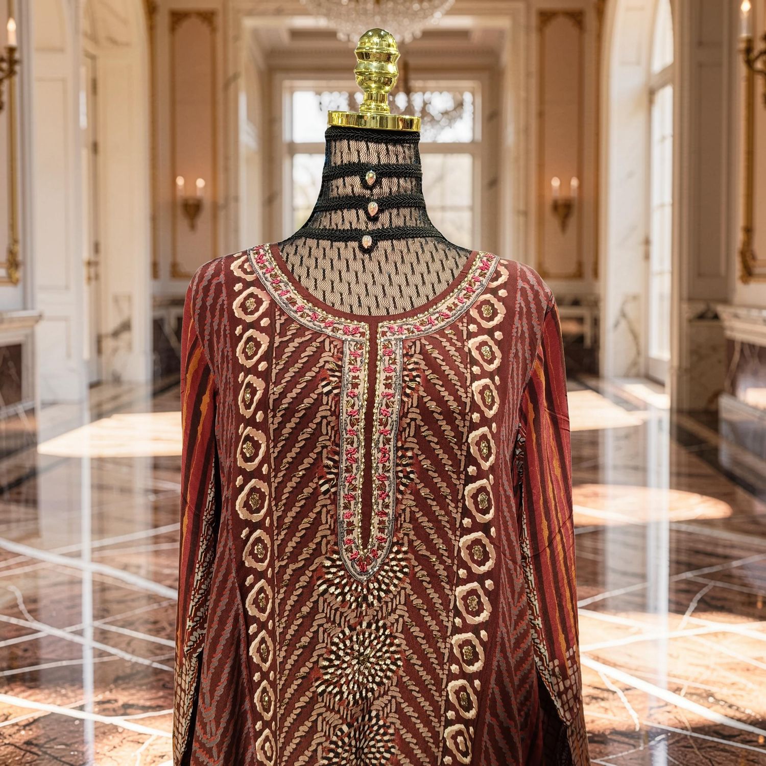 S-M Digital Dress Kaftan Printed Silky Hand Crystal 57" Long Jalabiya