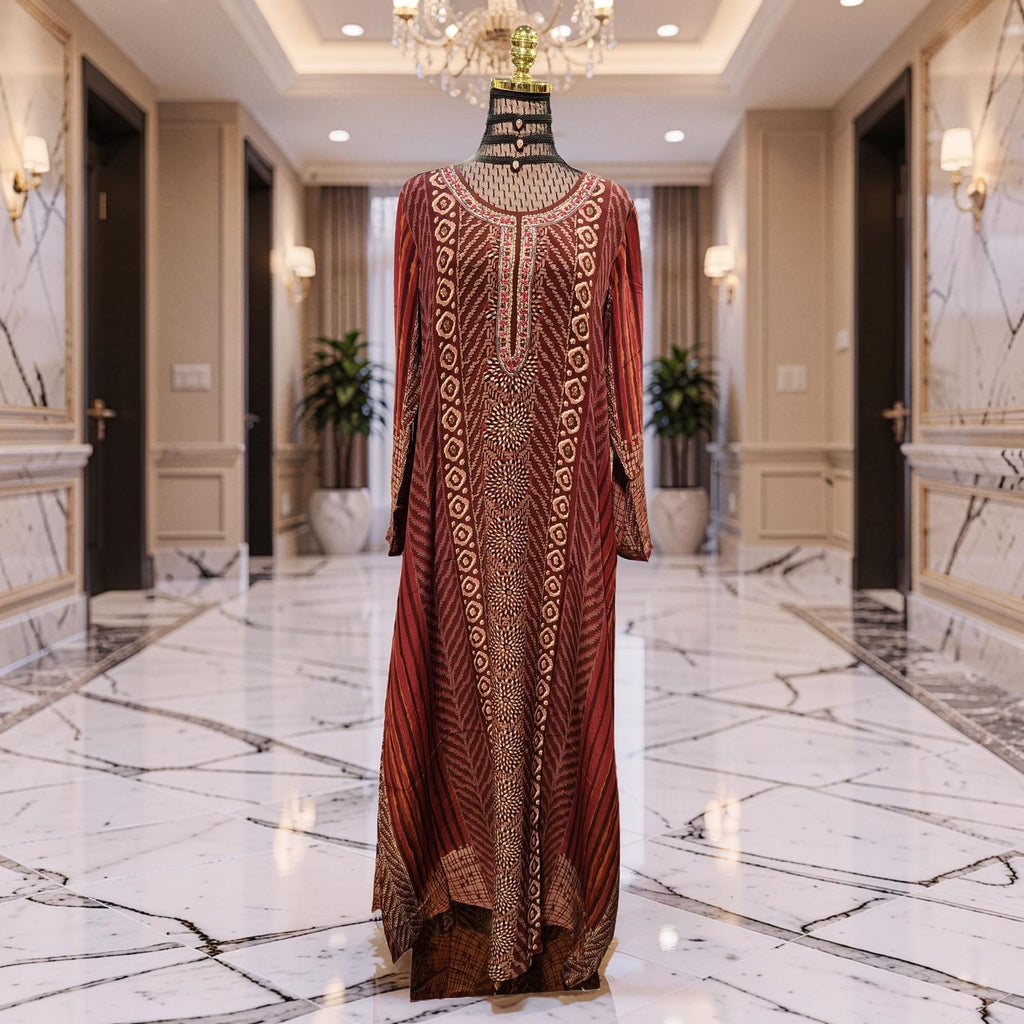S-M Digital Dress Kaftan Printed Silky Hand Crystal 57" Long Jalabiya
