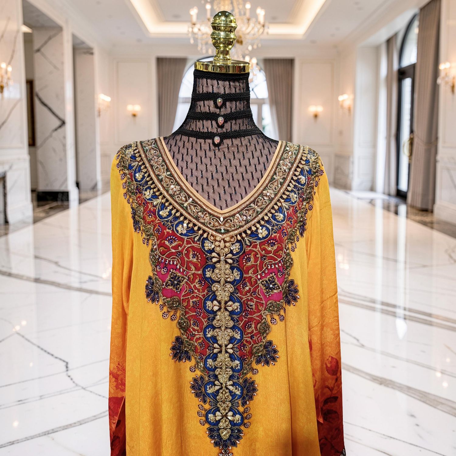 S-M Digital Dress Printed Silky Hand Crystal 59" Long Jalabiya