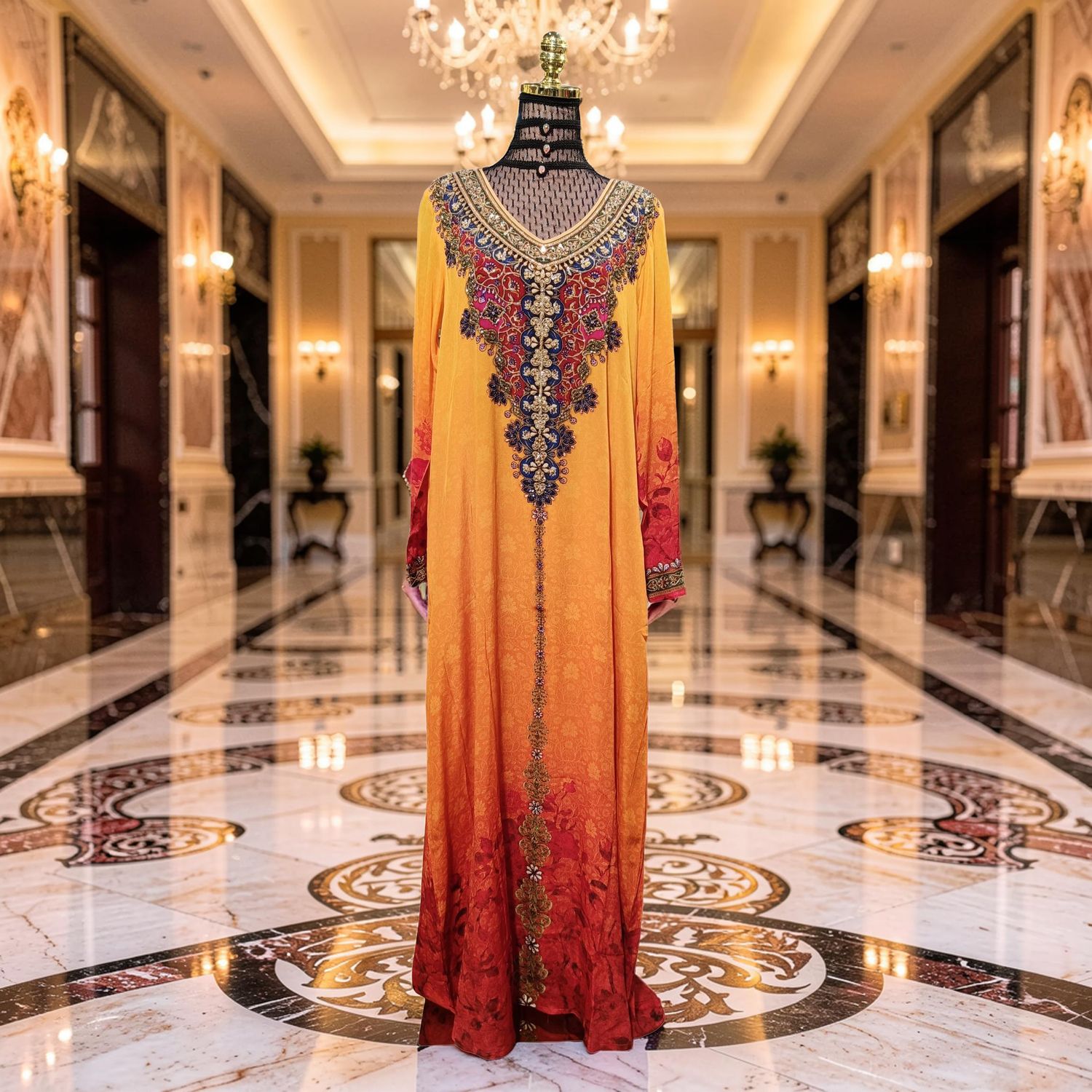 S-M Digital Dress Printed Silky Hand Crystal 59" Long Jalabiya