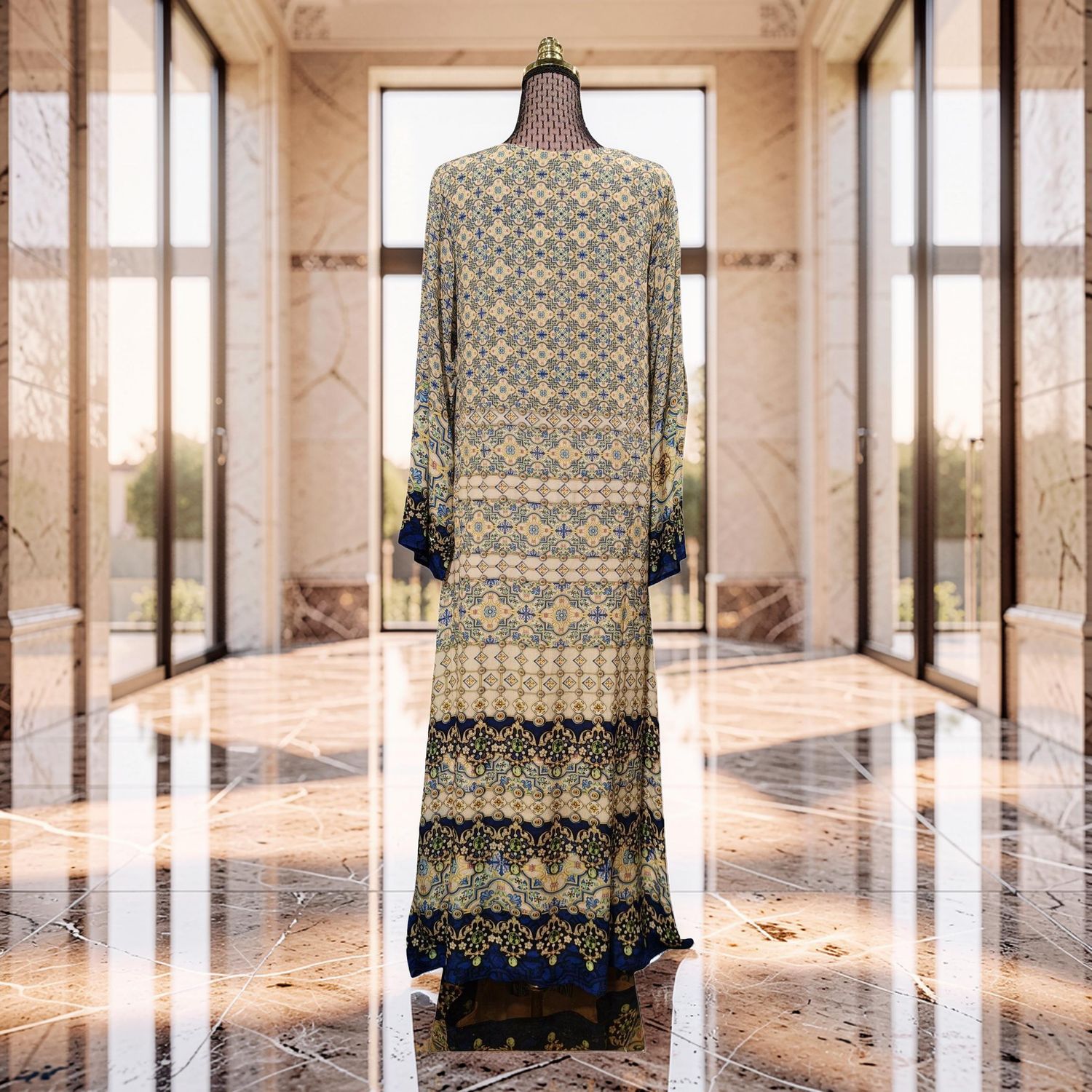 XXL Digital Dress Printed Silky Hand Crystal 63" Long Jalabiya