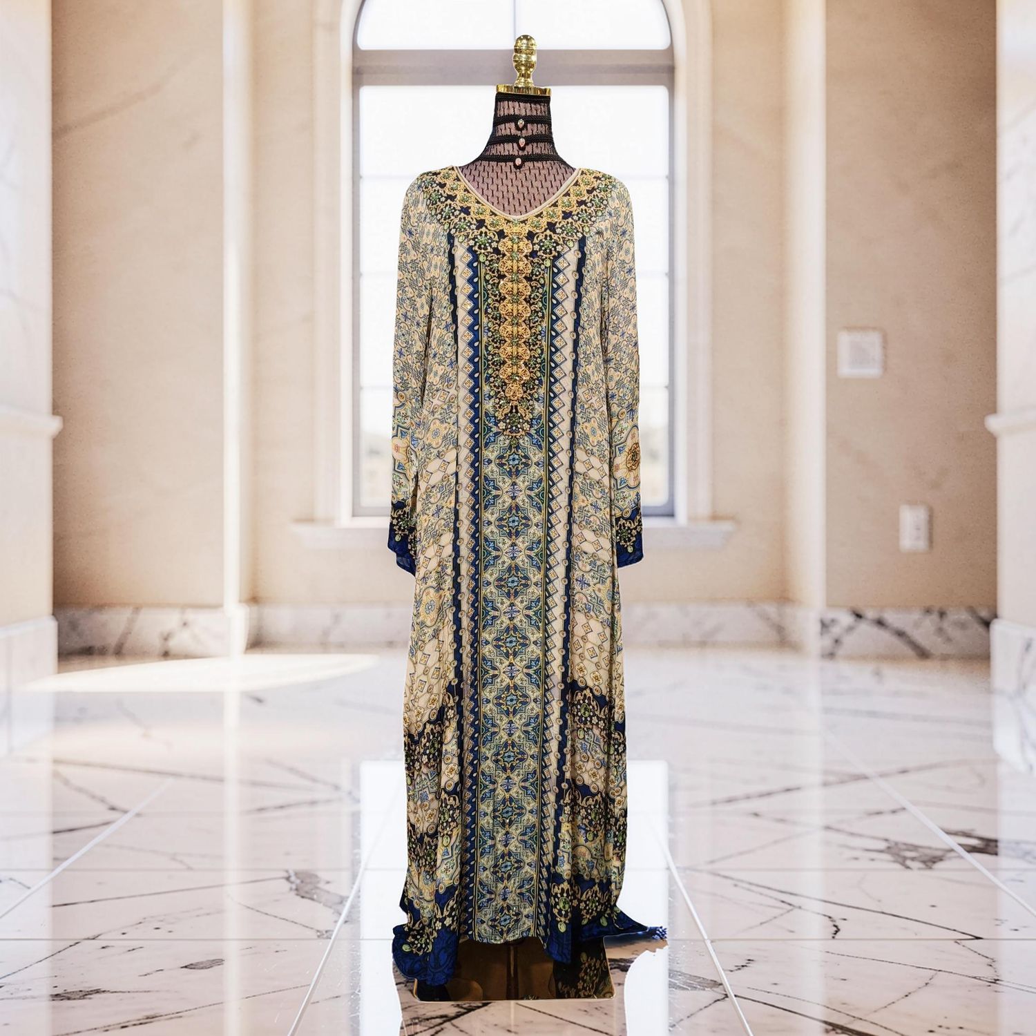 XXL Digital Dress Printed Silky Hand Crystal 63" Long Jalabiya