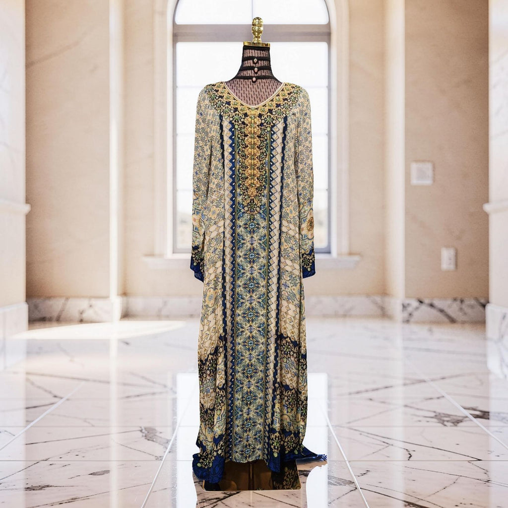 XL Digital Dress Kaftan Printed Silky Hand Crystal 63" Long Jalabiya