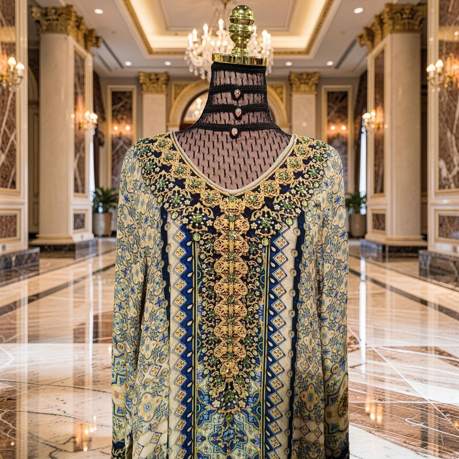 XS-S Digital Dress Kaftan Printed Silky Hand Crystal 55" Long Jalabiya