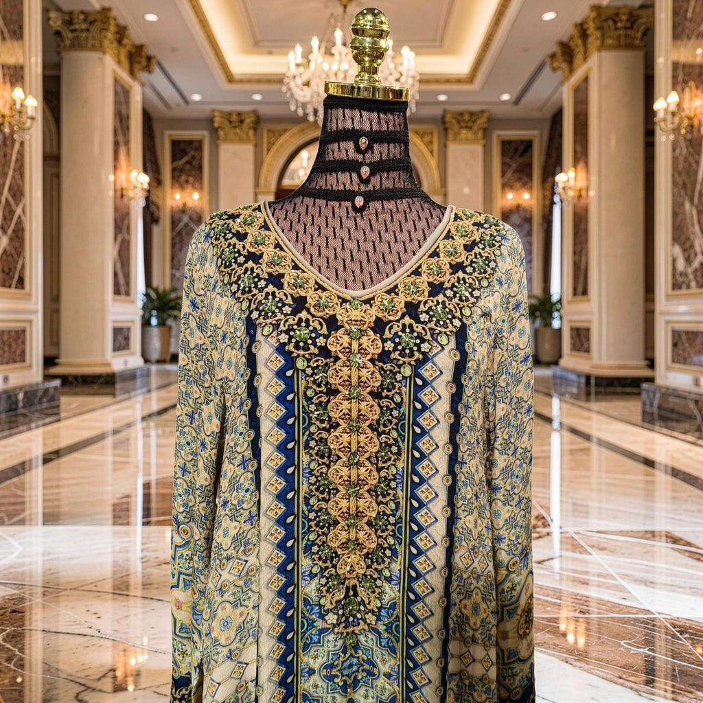 XL Digital Dress Kaftan Printed Silky Hand Crystal 63" Long Jalabiya