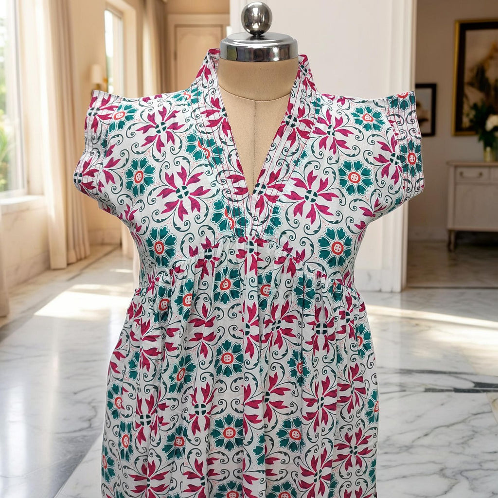 S-M Amani Printed Cotton Dress 57" Short Sleeves Jalabiya