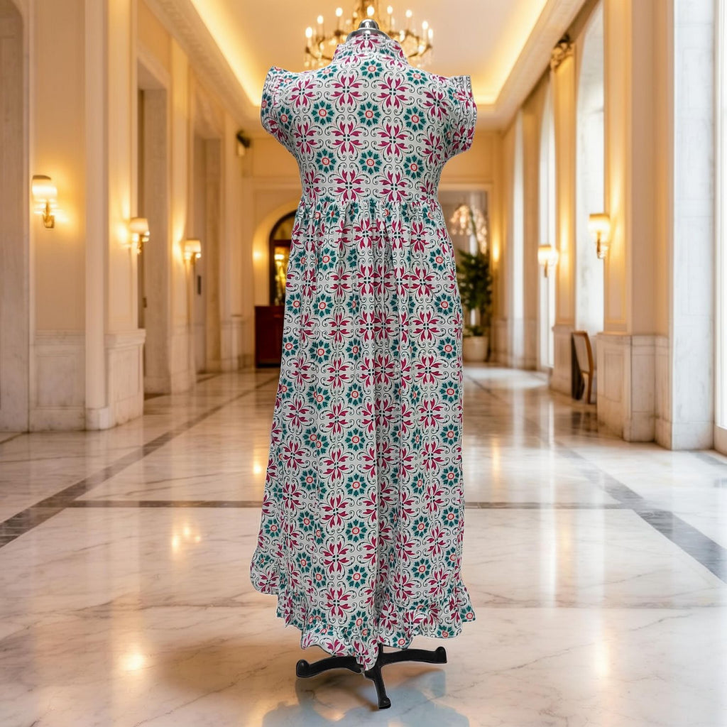 S-M Amani Printed Cotton Dress 57" Short Sleeves Jalabiya