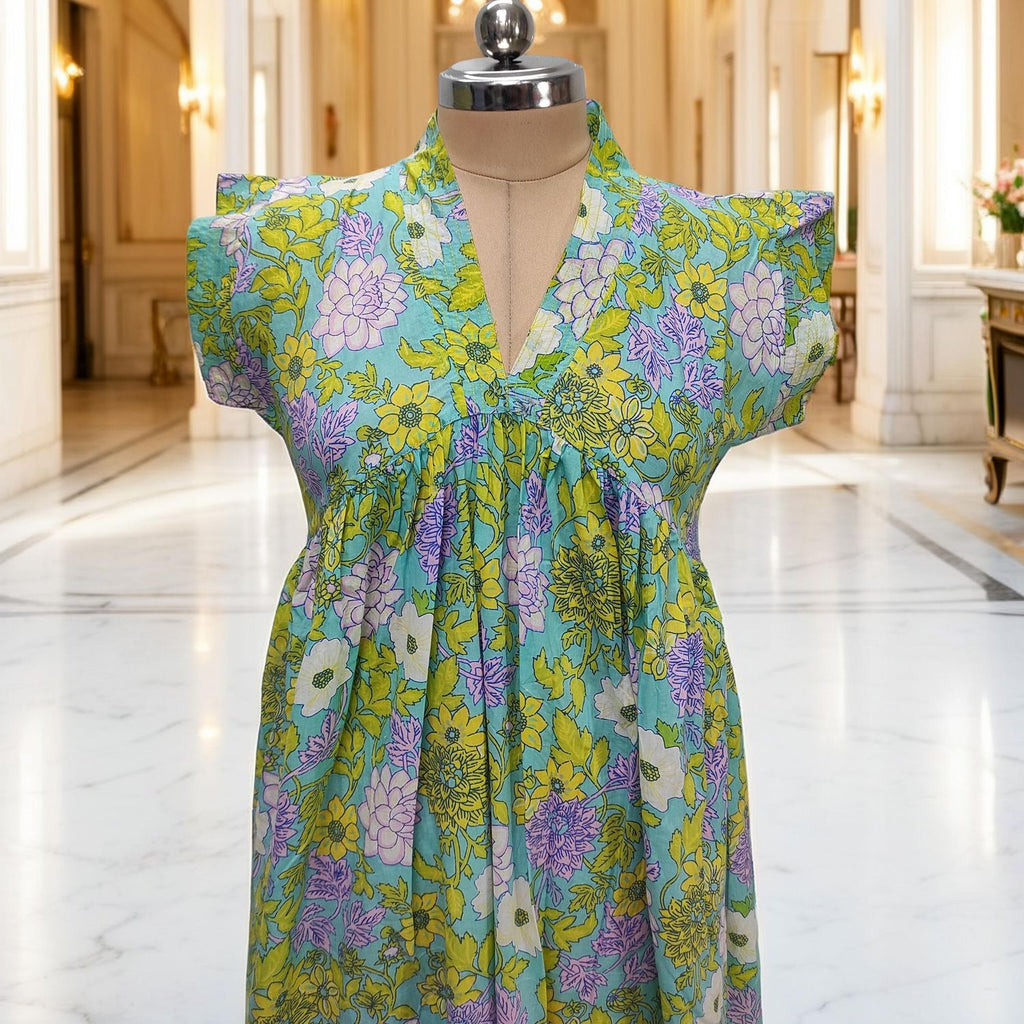S-M Amani Printed Cotton Dress 57" Short Sleeves Jalabiya