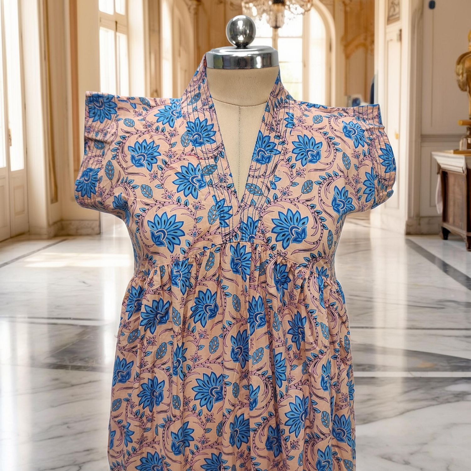 L/XL Amani Printed Cotton Dress 57" Short Sleeves Jalabiya