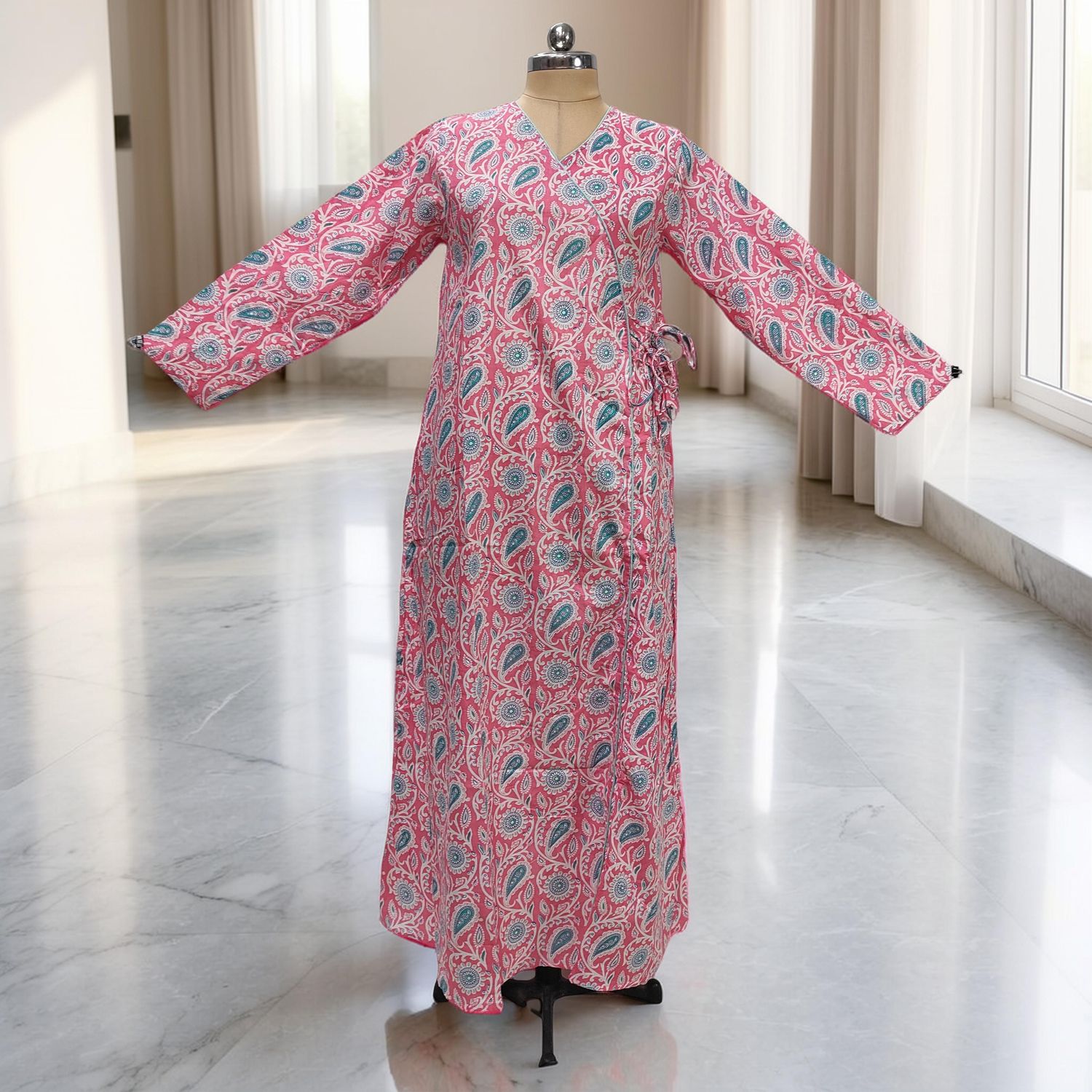 12-13 Year Qifa Printed Cotton Girls Dress 50" Long Jalabiya