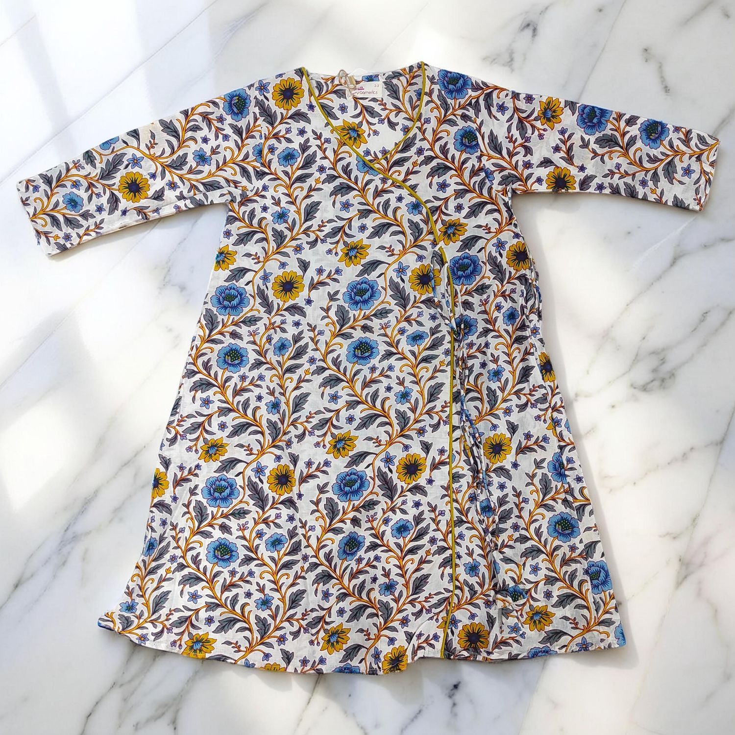 8-9 Year Qifa Printed Cotton Girls Dress 42" Long Jalabiya