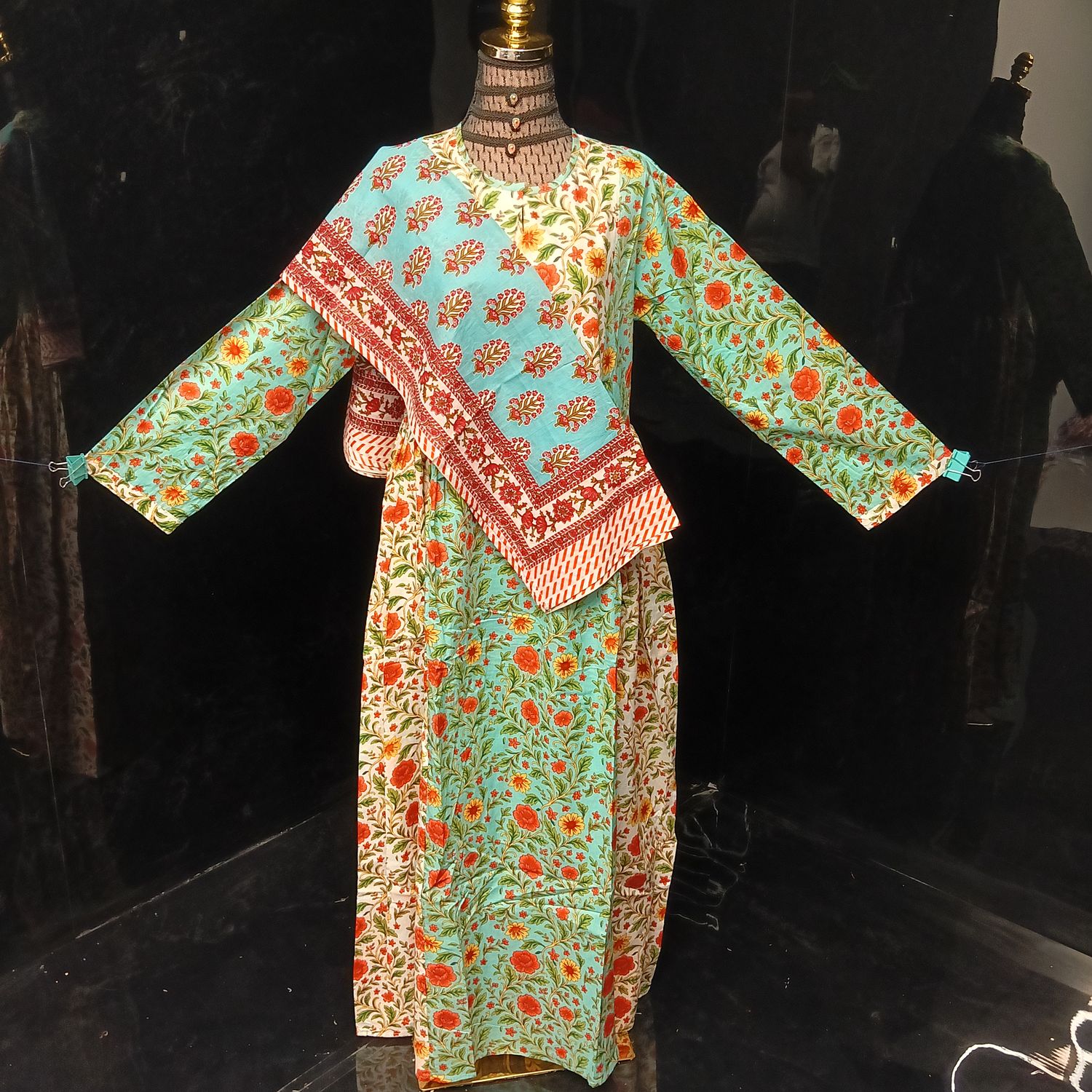L-XL Heba Cotton Printed Dress 57" Long Jalabiya With Sheila