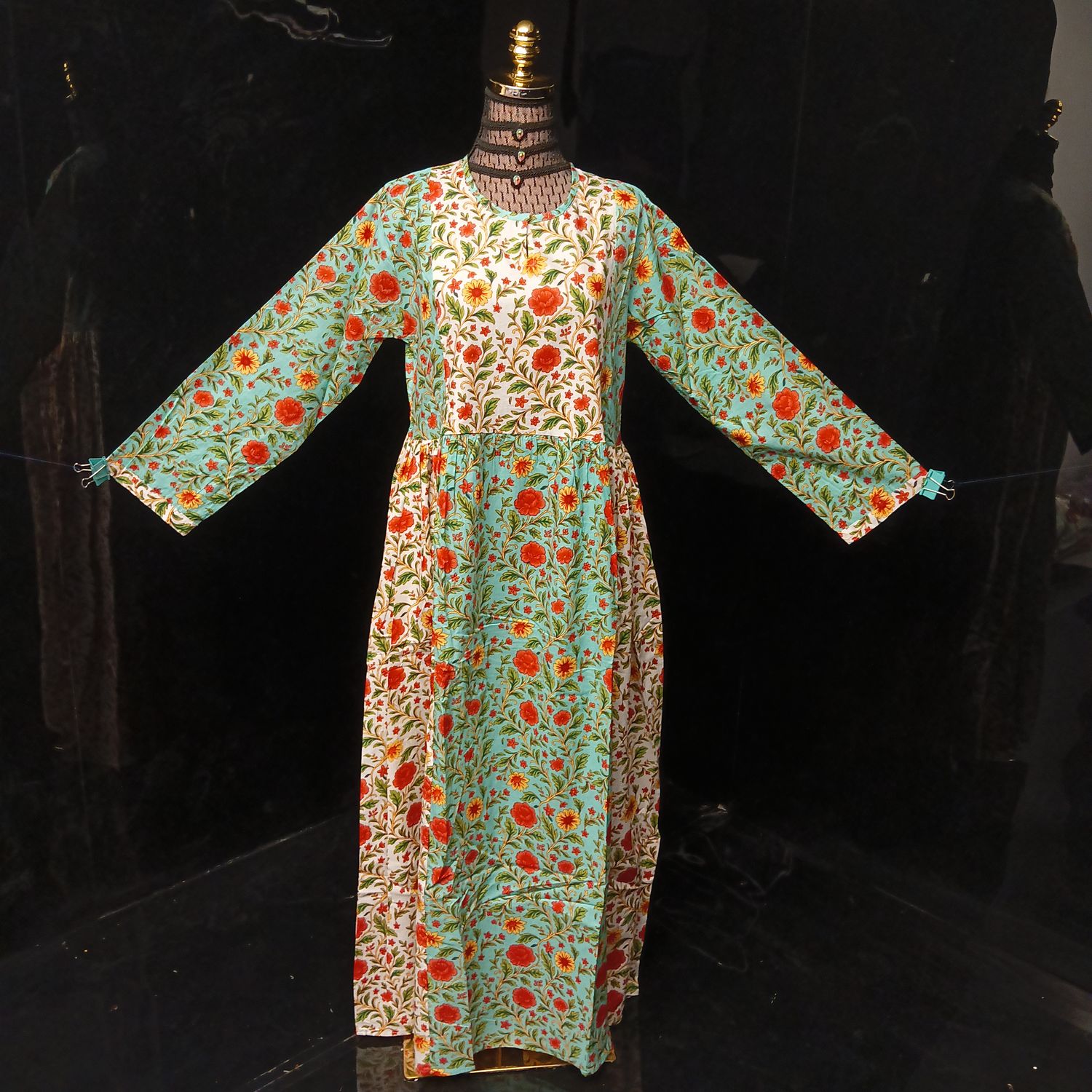 L-XL Heba Cotton Printed Dress 57" Long Jalabiya With Sheila