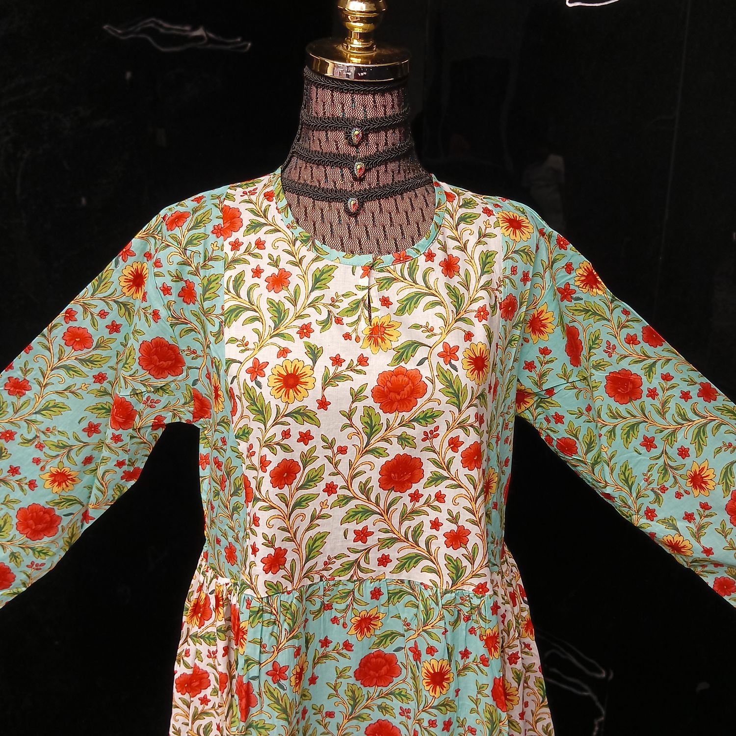 L-XL Heba Cotton Printed Dress 57" Long Jalabiya With Sheila