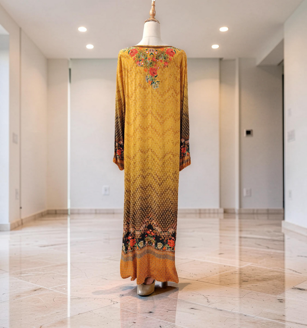 2XL Digital Dress Kaftan Printed Silky Hand Crystal 59" Long Jalabiya