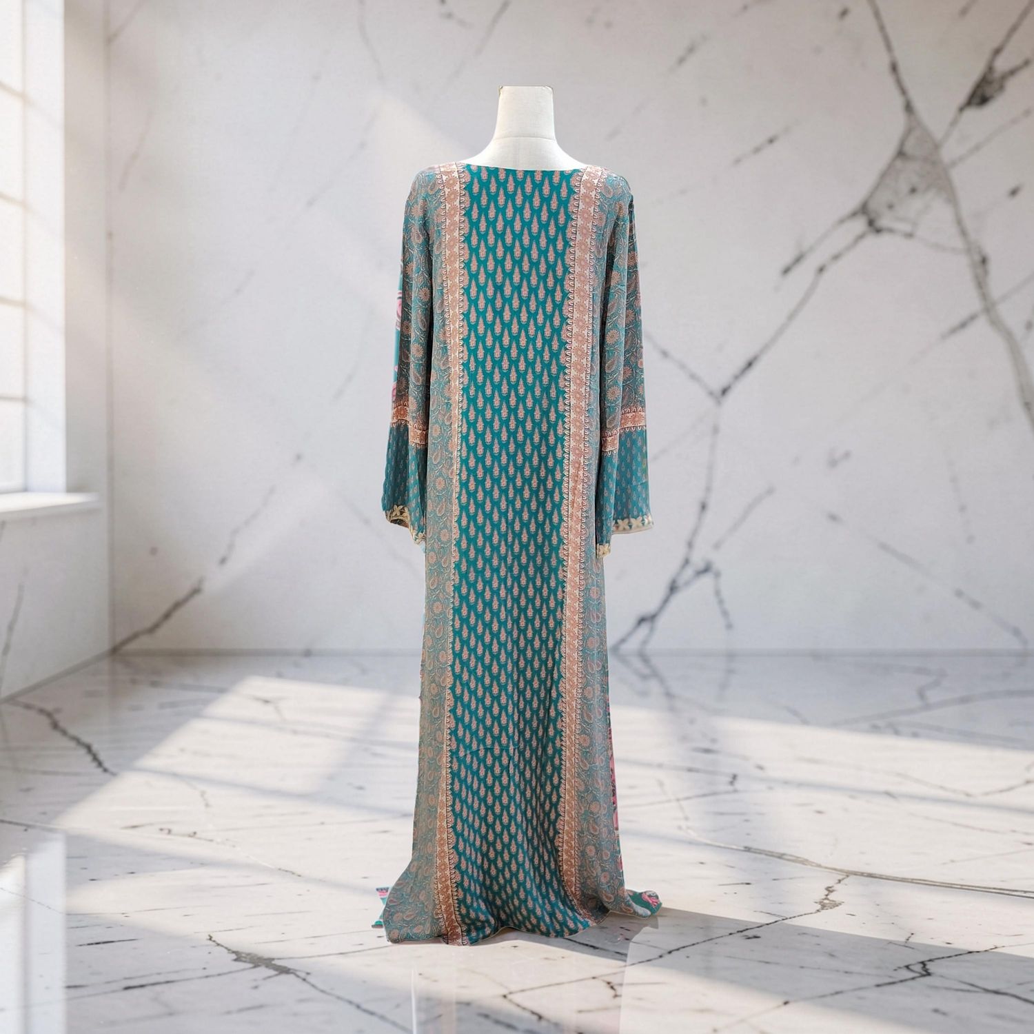 M Digital Print Pure Silk Jalabiya With Embroidery Length 59"