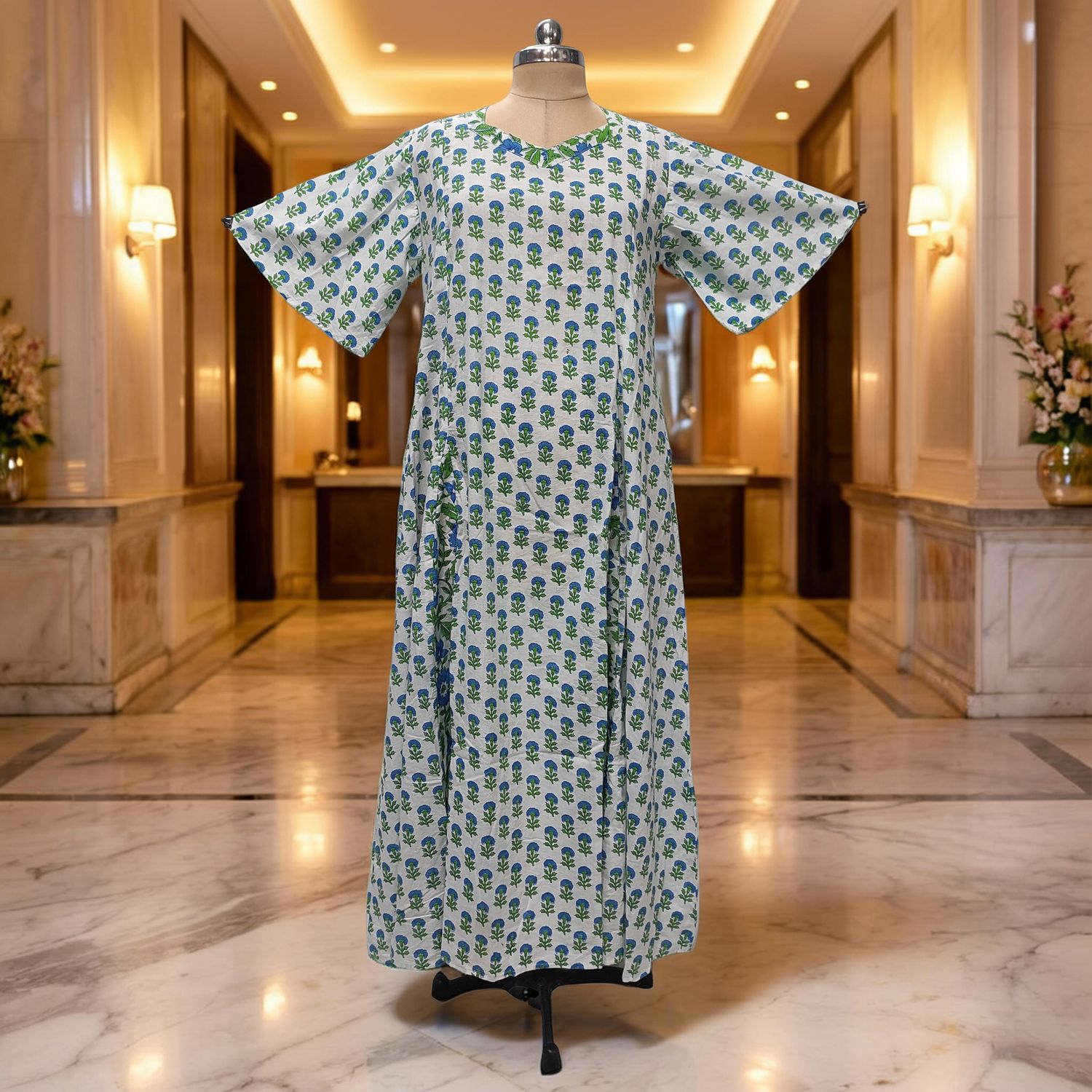 L-XL Ariya Printed Cotton Dress 57" Short Sleeves Jalabiya