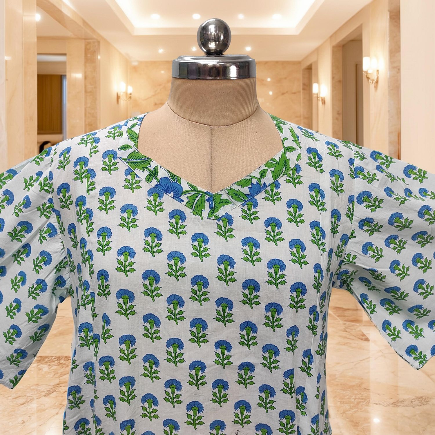 L-XL Ariya Printed Cotton Dress 57" Short Sleeves Jalabiya